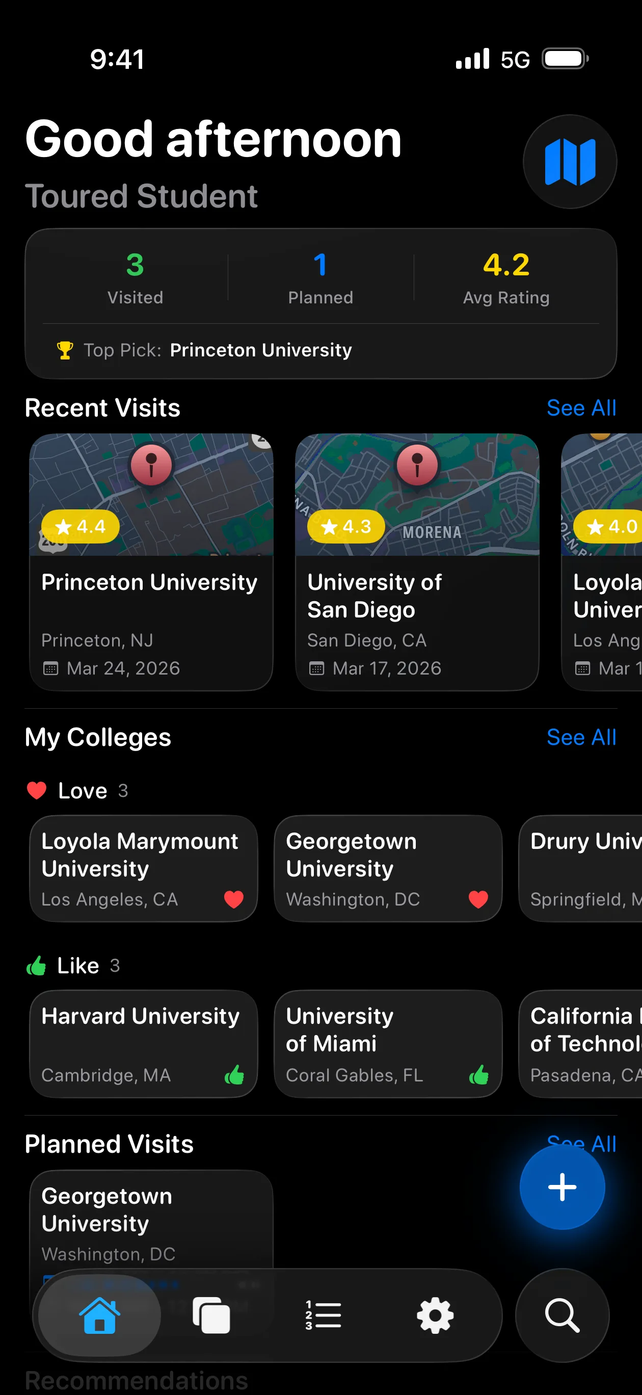 Toured app home screen showing recent college visits, planned visits, and personalized stats